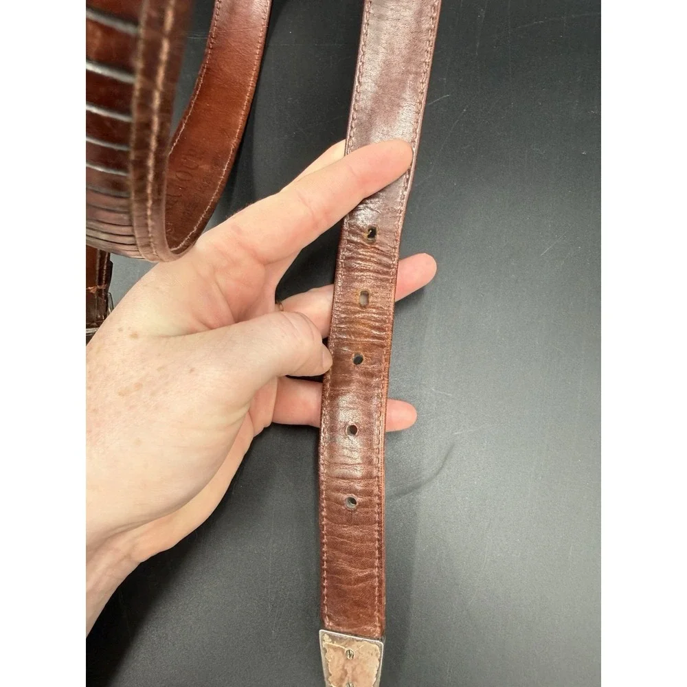 Vintage Ornament Western Brown Leather Belt Sz 42 Engraved Buckle & Keeper